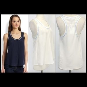 Vintage new Joie Corianne 100% silk scoop neck porcelain contrast piping tank